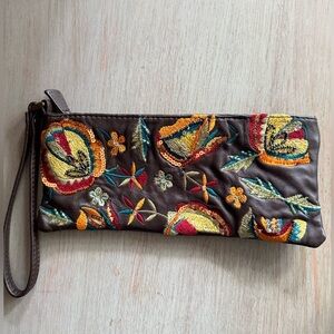 Arden B Y2K Embroidered Beaded Leather Wristlet Clutch Floral Brown Cocktail Bag